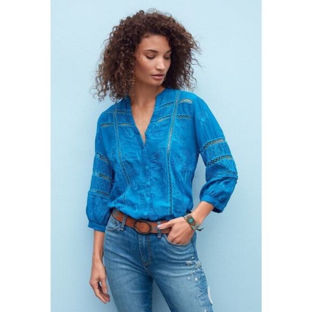Johnny Was Daisy Peia Boho Floral Embroidered Cupra Rayon Tunic Blouse Blue S - Picture 12 of 12